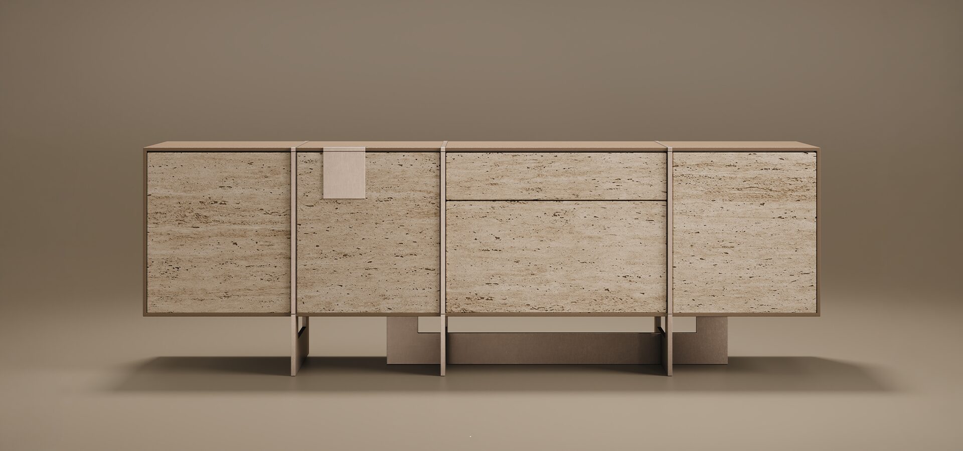 Coloma Sideboard by Porus Studio. This contemporary furniture piece is crafted from natural beige travertine with visible stone textures, framed by slender bronze metal accents and a geometric central pedestal base.