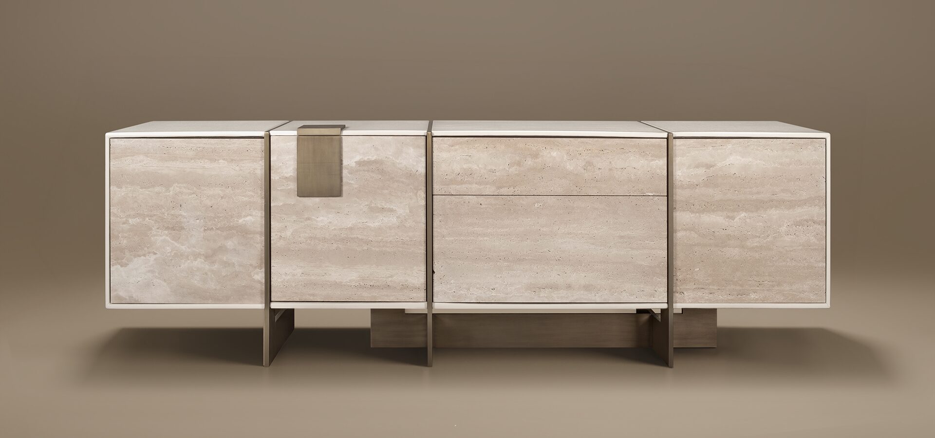 Coloma Sideboard Front view of the Coloma Sideboard featuring light beige Travertine stone panels, stainless steel metal accents, and a white leather textured top set aginst a beige background.