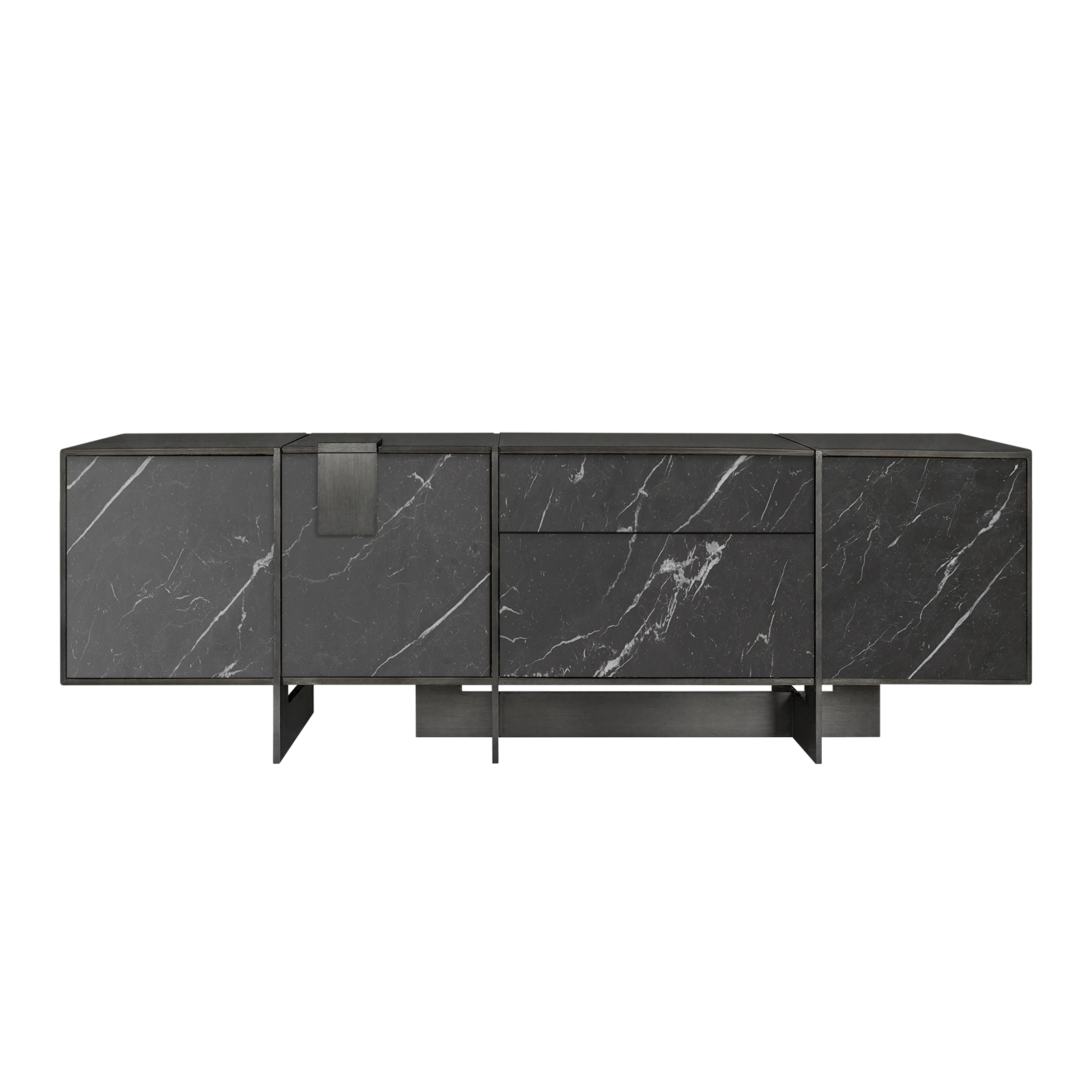 Coloma Sideboard Front view of the Coloma Sideboard featuring dark Gray Kenzo marble panels with prominent white veining, dark stainless steel accents, and a matching dark leather top.