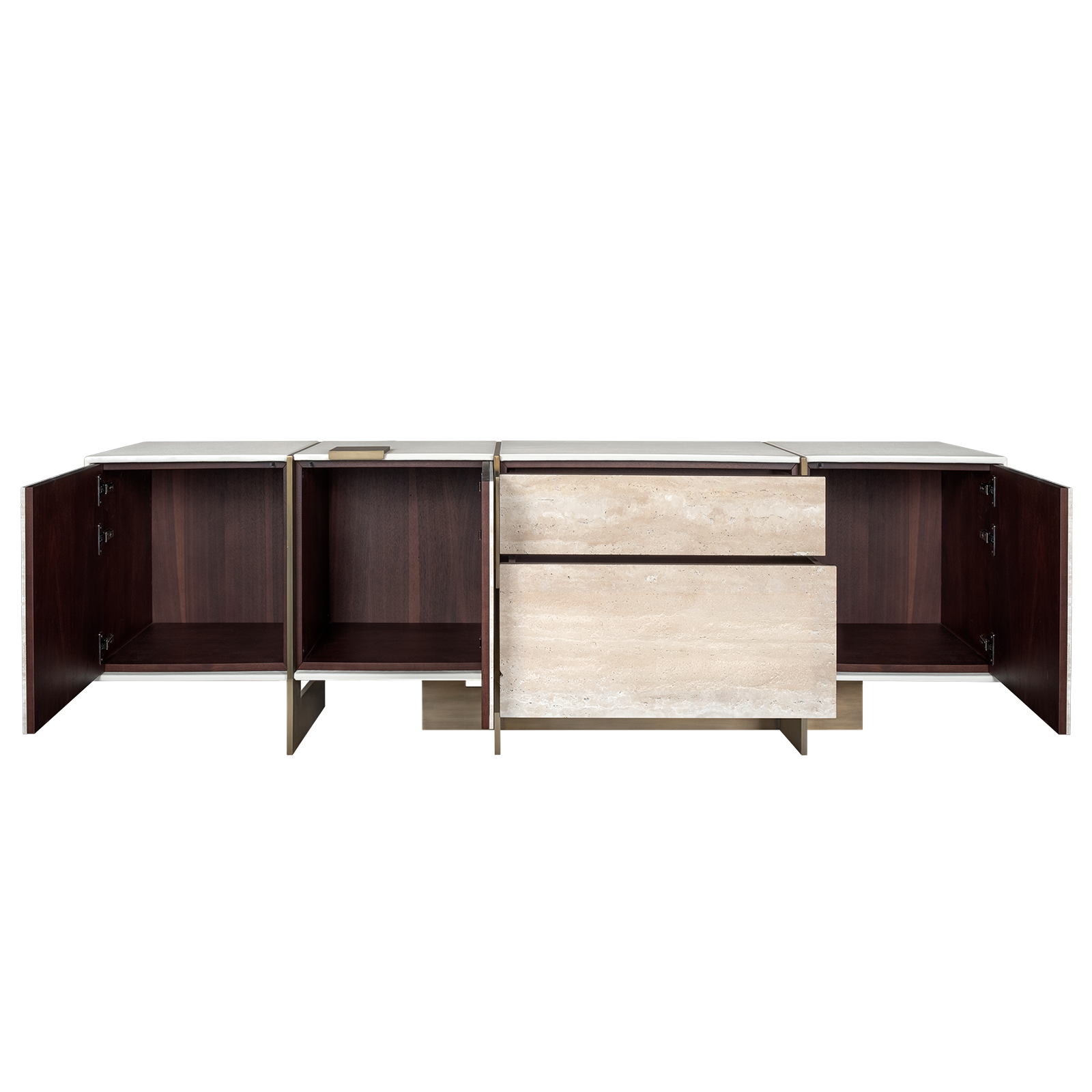 Coloma Sideboard Front view of the Travertine Coloma Sideboard with its doors and drawers open, revealing a dark wood interior, high-quality stainless steel hinges, and the white leather top.