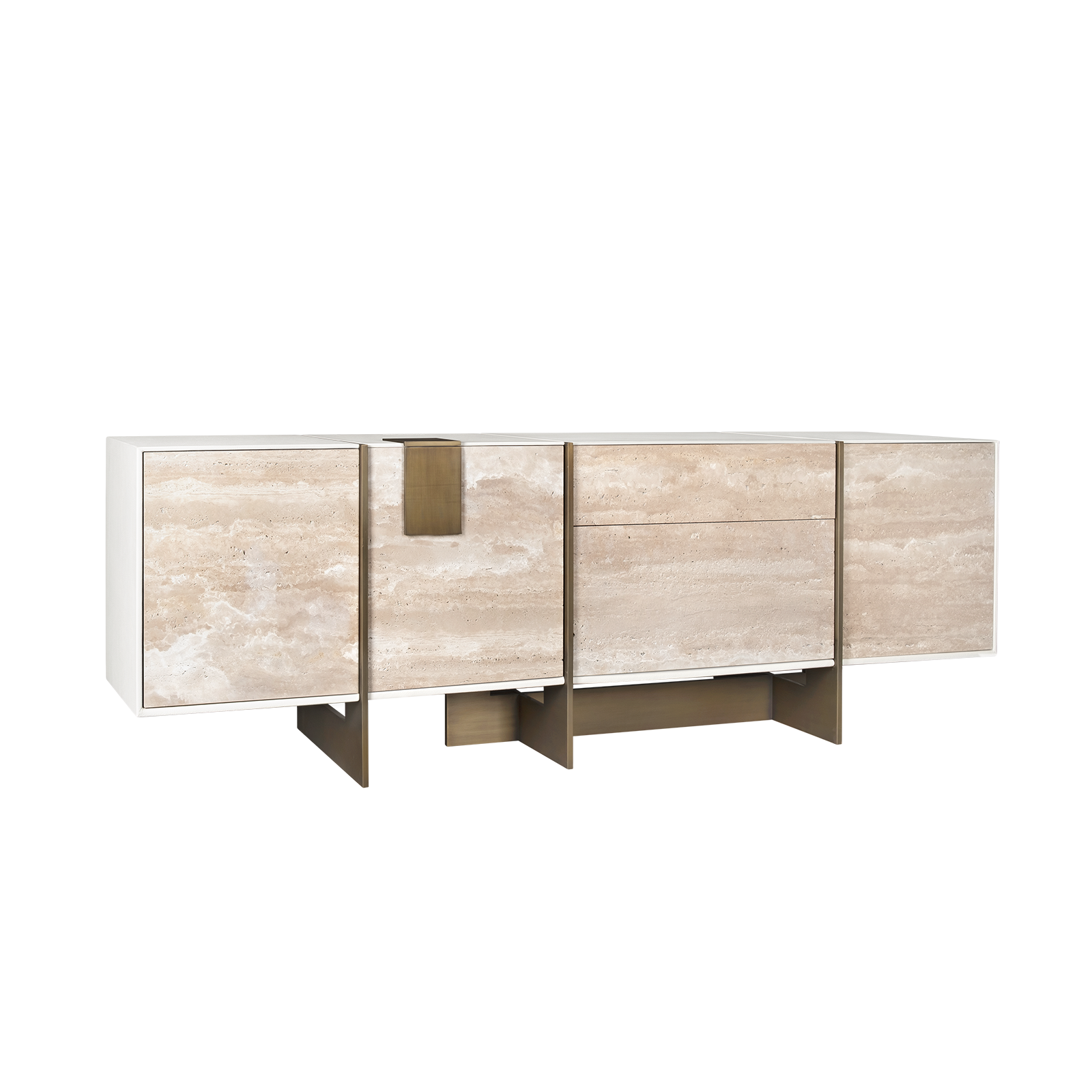 Coloma Sideboard A three-quarter perspective view of the Coloma Sideboard in Travertine, highlighting its architectural stainless steel legs, the texture of the stone panels, and the leather top.