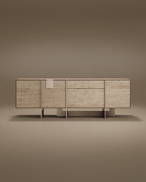 Coloma Sideboard by Porus Studio. This contemporary furniture piece is crafted from natural beige travertine with visible stone textures, framed by slender metal accents and a geometric central pedestal base.
