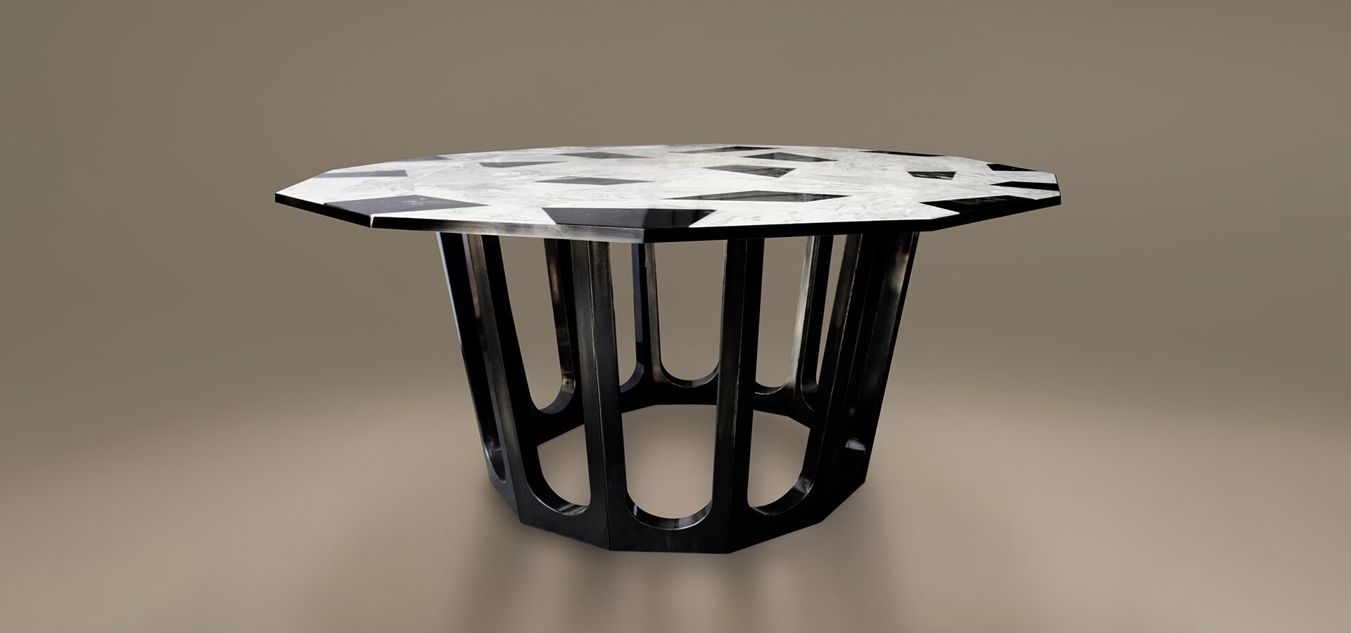 Modern Northup Dining Table by Porus Studio featuring a geometric marble top with Negro Marquina and Calacatta marble inlays, supported by architectural black pedestal base