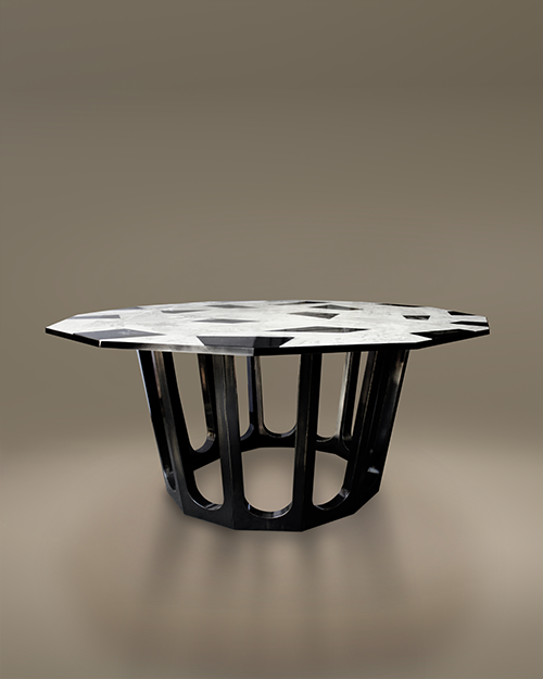 Modern Northup Dining Table by Porus Studio featuring a geometric marble top with Negro Marquina and Calacatta marble inlays, supported by architectural black pedestal base
