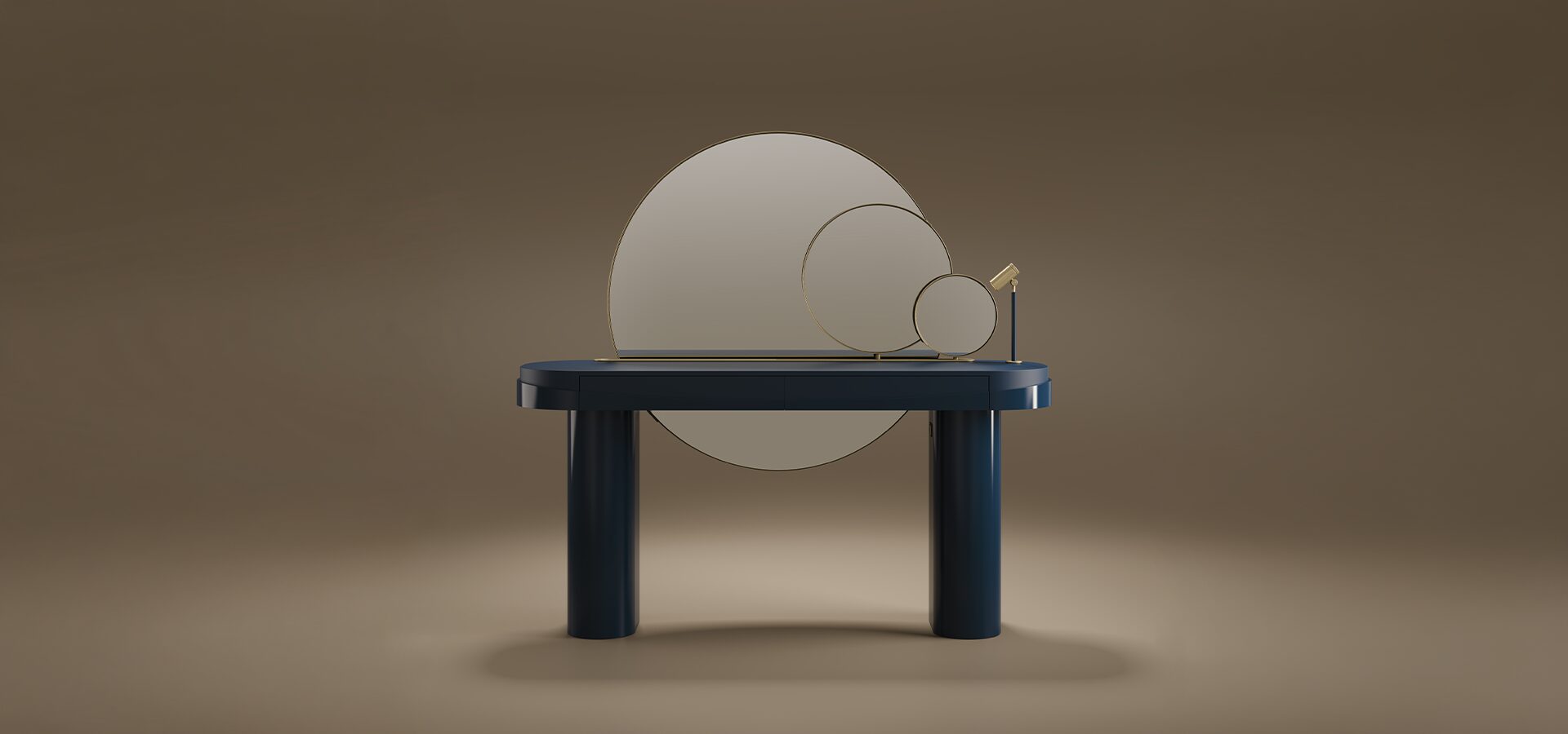 Aldrich Dressing Table by Porus Studio modern blue lacquered vanity with aged brushed brass circular mirrors.