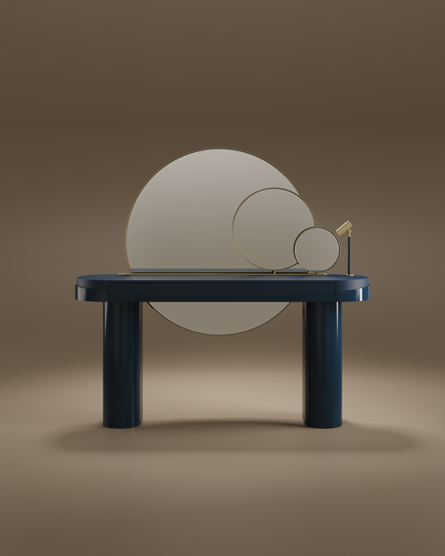 Aldrich Dressing Table by Porus Studio modern blue lacquered vanity with aged brushed brass circular mirrors.