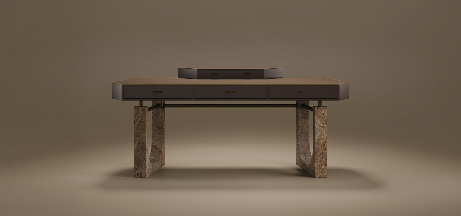 Modern Lincoln Desk furniture piece by Porus Studio. Inspired by the Lincoln Memorial, this executive desk showcases a combination of high-end materials including leather, lacquer, brushed brass, and marble. A premium mid-century modern design for luxury home offices.