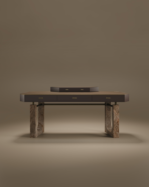 Modern Lincoln Desk furniture piece by Porus Studio. Inspired by the Lincoln Memorial, this executive desk showcases a combination of high-end materials including leather, lacquer, brushed brass, and marble. A premium mid-century modern design for luxury home offices.