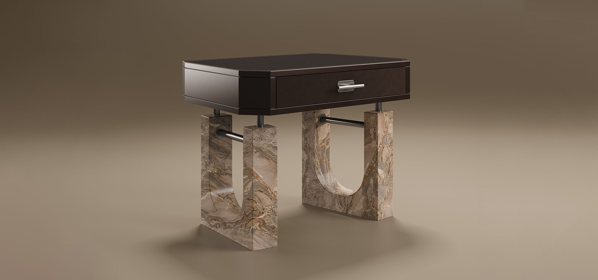 A luxury Lincoln Bedside Table by Porus Studio featuring a rectangular top finished in dark brown high-gloss lacquer. The single drawer is upholstered in tonal leather with a horizontal brushed brass handle. The piece is supported by two thick, U-shaped legs made of textured beige marble, connected to the body and each other by aged brushed brass metal rods. The architectural design is set against a neutral, warm-toned studio background.