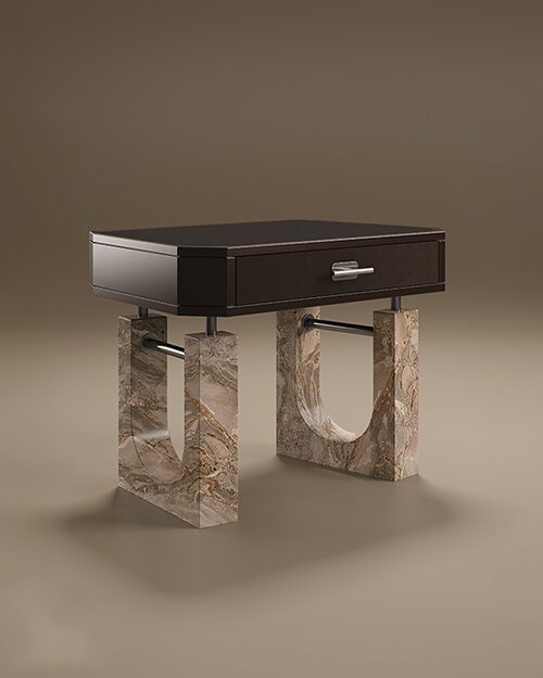 A luxury Lincoln Bedside Table by Porus Studio featuring a rectangular top finished in dark brown high-gloss lacquer. The single drawer is upholstered in tonal leather with a horizontal brushed brass handle. The piece is supported by two thick, U-shaped legs made of textured beige marble, connected to the body and each other by aged brushed brass metal rods. The architectural design is set against a neutral, warm-toned studio background.
