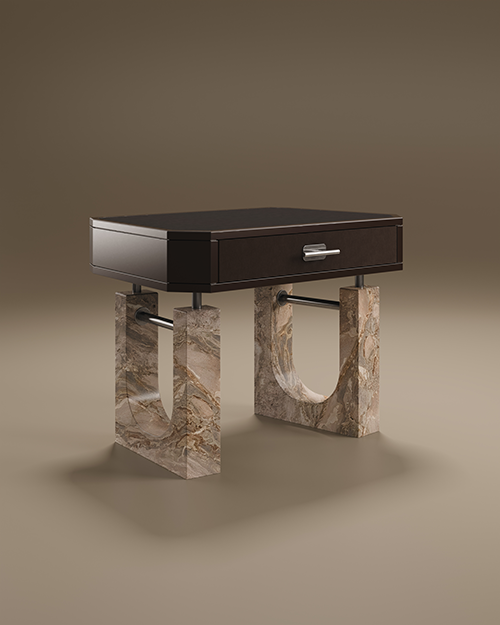 A luxury Lincoln Bedside Table by Porus Studio featuring a rectangular top finished in dark brown high-gloss lacquer. The single drawer is upholstered in tonal leather with a horizontal brushed brass handle. The piece is supported by two thick, U-shaped legs made of textured beige marble, connected to the body and each other by aged brushed brass metal rods. The architectural design is set against a neutral, warm-toned studio background.