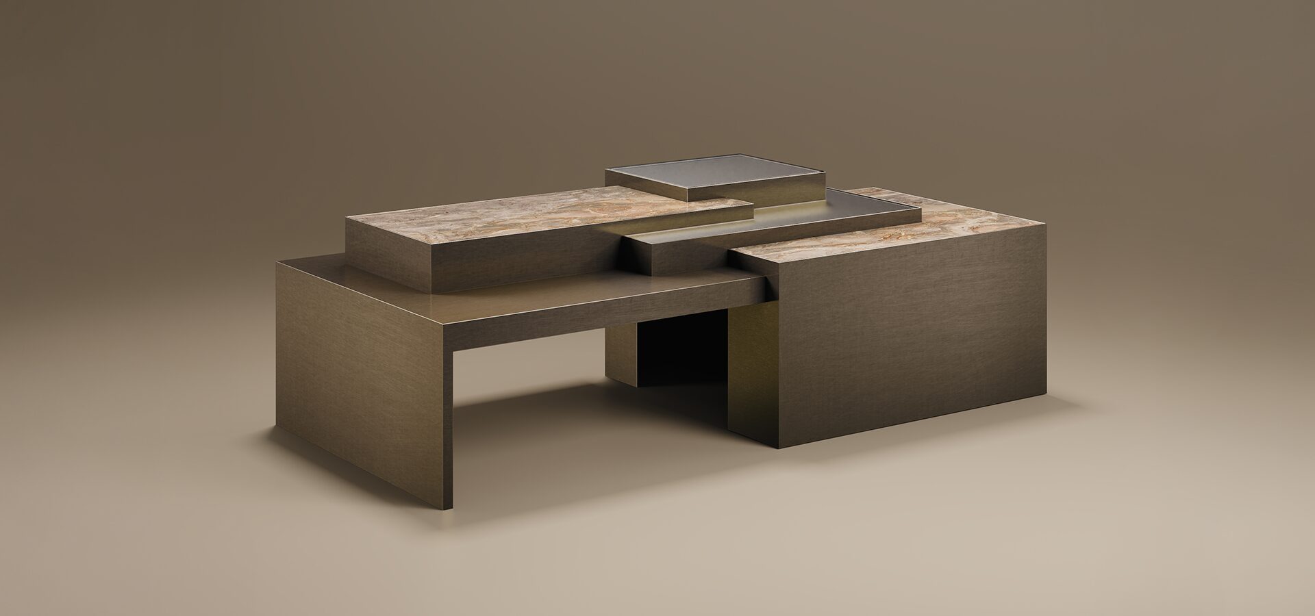 A luxury Square Center Table by Porus Studio, featuring an architectural, multi-layered design. The piece consists of intersecting rectangular blocks of varying heights. Two top surfaces are made of polished marble, while the supporting structural volumes are finished in aged brushed brass. The table's staggered, asymmetrical composition creates a sophisticated, urban-inspired silhouette against a neutral taupe background.