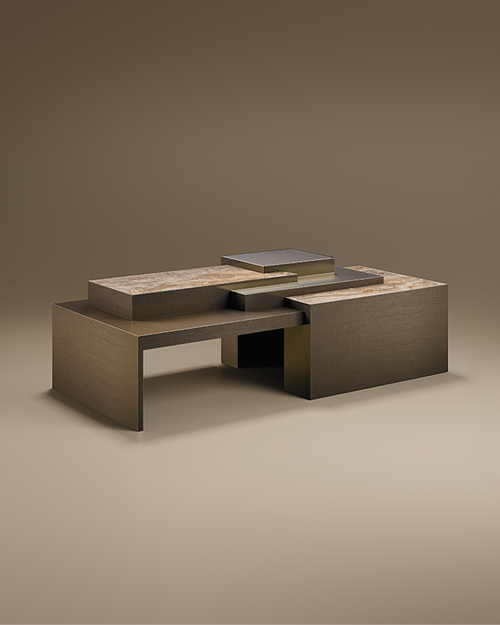 A luxury Square Center Table by Porus Studio, featuring an architectural, multi-layered design. The piece consists of intersecting rectangular blocks of varying heights. Two top surfaces are made of polished marble, while the supporting structural volumes are finished in aged brushed brass. The table's staggered, asymmetrical composition creates a sophisticated, urban-inspired silhouette against a neutral taupe background.