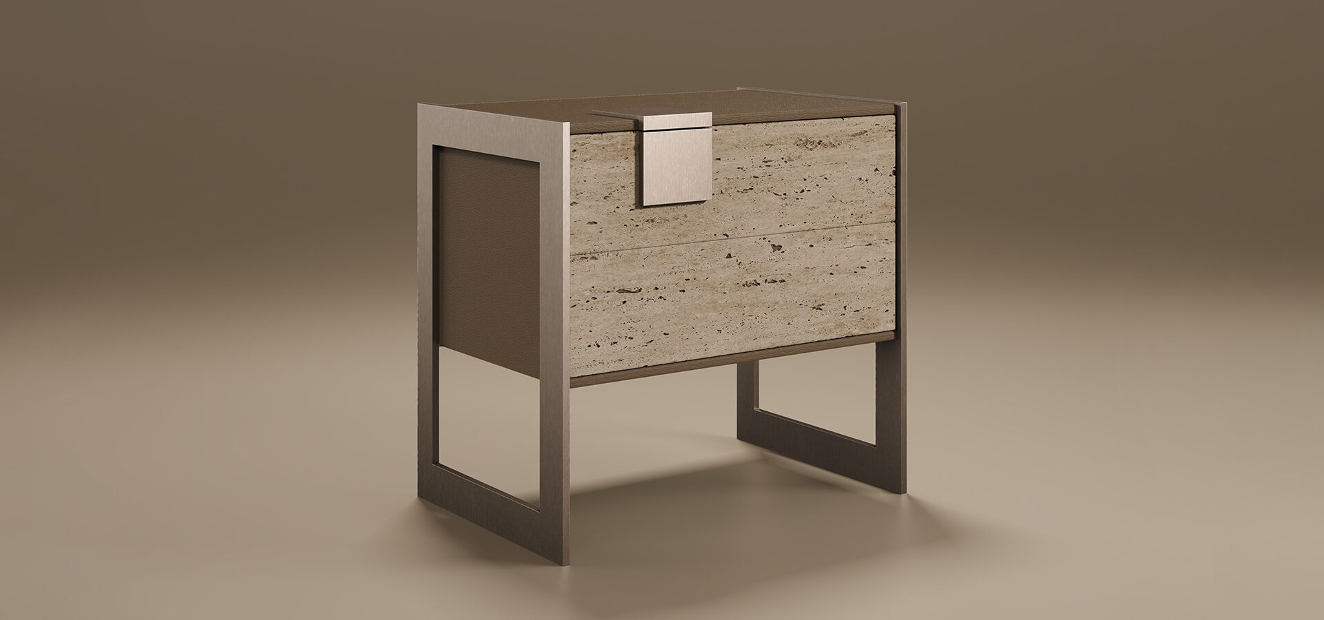 A luxury Coloma Bedside Table by Porus Studio featuring two drawer fronts made of textured, beige travertine stone. The table is housed in a leather-wrapped frame and supported by a minimalist, square-shaped brushed brass base. A single, prominent rectangular brass handle is positioned at the top center. The overall aesthetic is a blend of mid-century modern and industrial luxury, set against a soft taupe studio background.