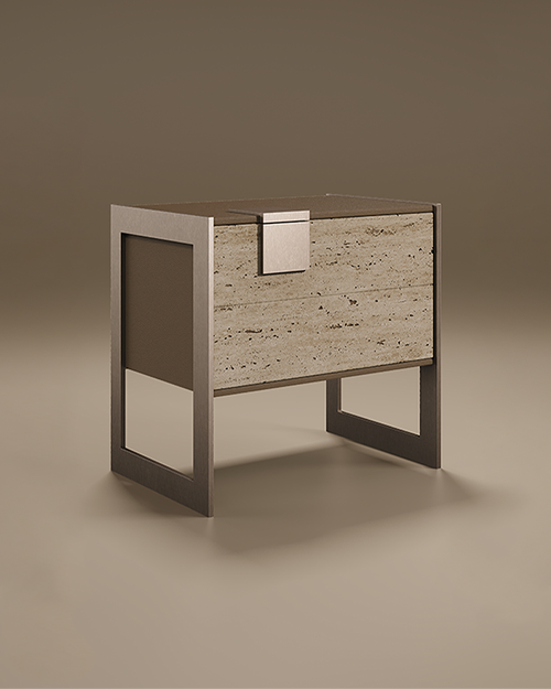 A luxury Coloma Bedside Table by Porus Studio featuring two drawer fronts made of textured, beige travertine stone. The table is housed in a leather-wrapped frame and supported by a minimalist, square-shaped brushed brass base. A single, prominent rectangular brass handle is positioned at the top center. The overall aesthetic is a blend of mid-century modern and industrial luxury, set against a soft taupe studio background.