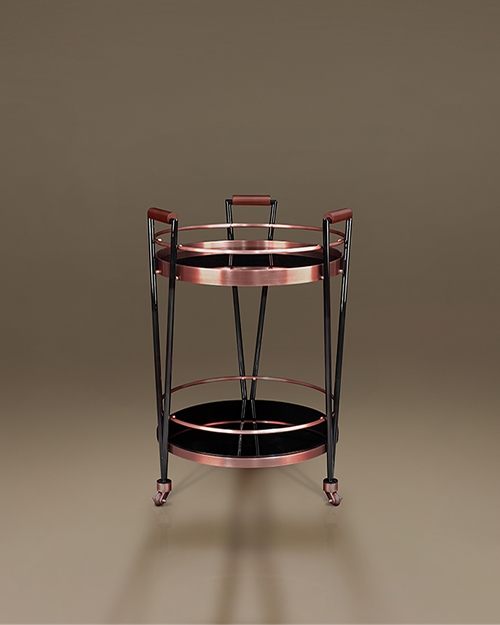 A stylish, high-quality image of the Crossroads Bar Cart by Porus Studio against a neutral, warm-toned studio background. The bar cart features a sophisticated contemporary design with a circular dual-tier structure. Its frame is composed of sleek black lacquered wood legs that taper downwards, accented by brushed copper-finished metal rings and details. The two shelves consist of deep black glass or mirrored surfaces, providing a glossy contrast to the metallic trim. Three vertical supports extend upwards to form ergonomic handles wrapped in rich brown leather. The piece is mounted on three small, discreet wheels for mobility, blending mid-century modern inspiration with luxury craftsmanship.