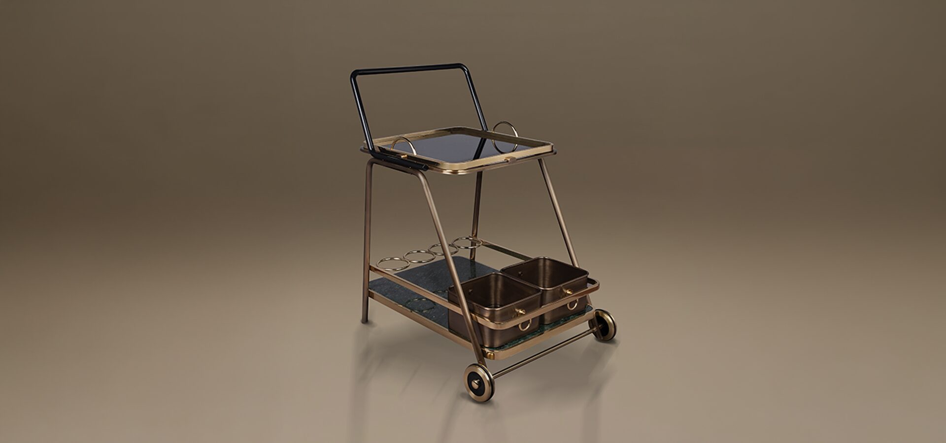 The Decatur bar cart by Porus Studio, featuring a sophisticated mid-century modern design. The cart is built with a brushed brass frame and a black handle, supporting two tiers. The top shelf features a dark mirrored surface, while the bottom shelf is made of dark green marble. It includes functional details like two deep metallic storage bins and circular bottle holders, all set on two large rear wheels for an elegant, architectural silhouette.
