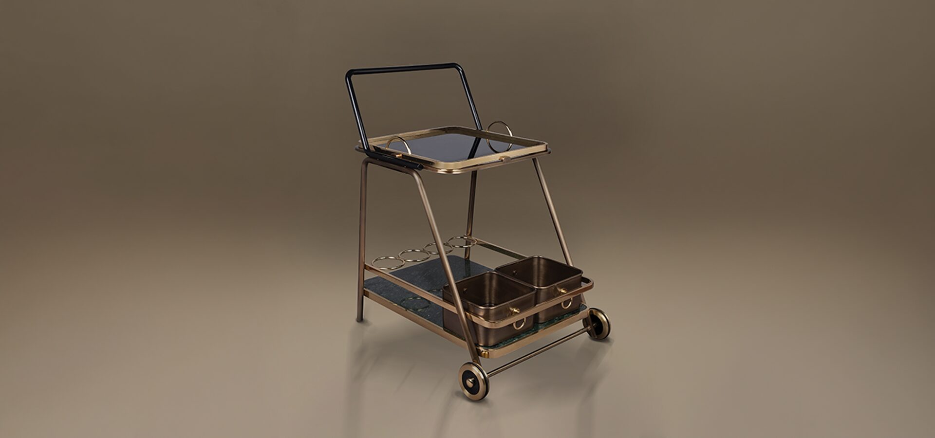 Decatur Bar Cart The Decatur bar cart by Porus Studio, featuring a sophisticated mid-century modern design. The cart is built with a brushed brass frame and a black handle, supporting two tiers. The top shelf features a dark mirrored surface, while the bottom shelf is made of dark green marble. It includes functional details like two deep metallic storage bins and circular bottle holders, all set on two large rear wheels for an elegant, architectural silhouette.