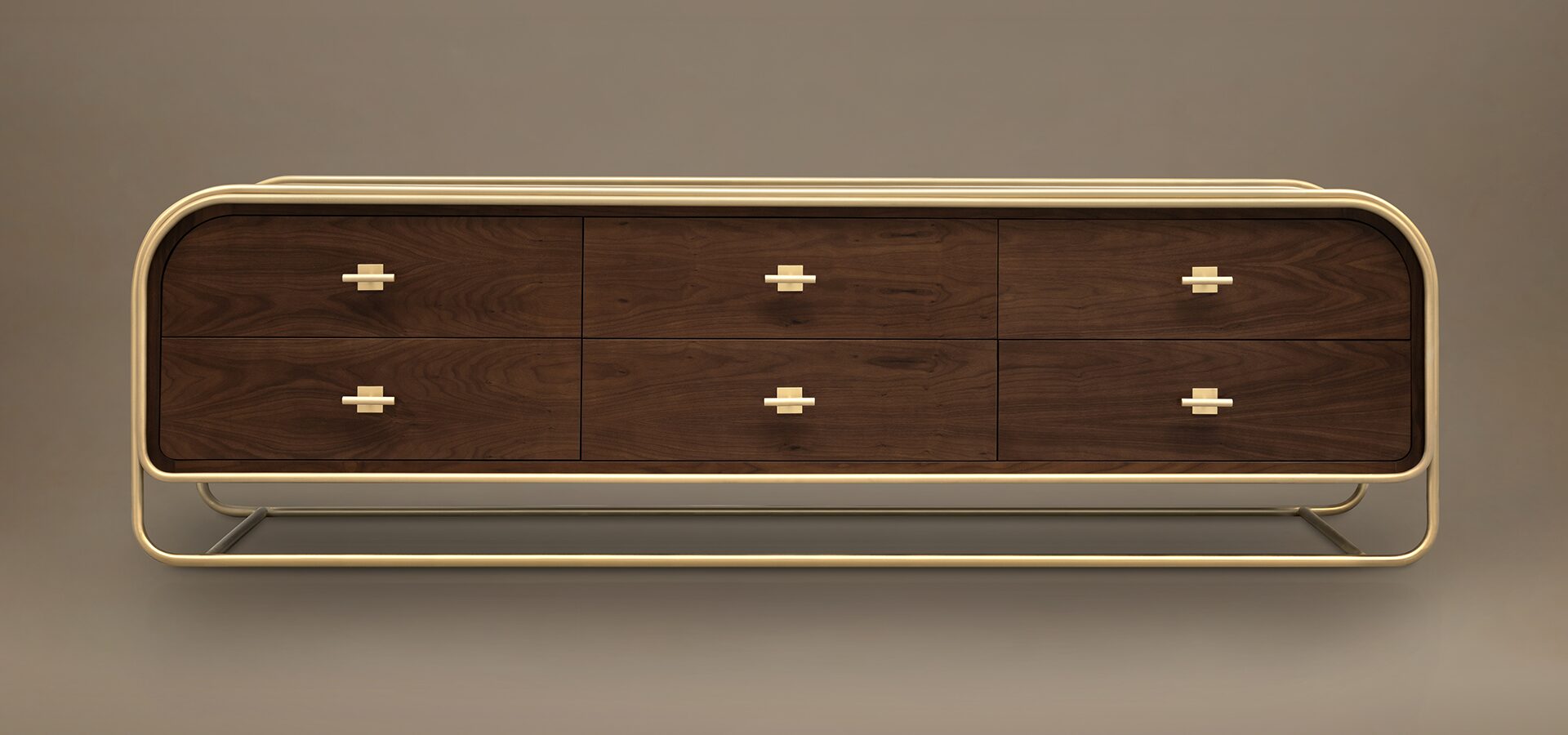 Columbia Sideboard by Porus Studio. This mid-century modern inspired piece features six dark wood drawers with horizontal grain patterns and elegant gold handles, encased in a continuous, curved metallic gold frame.