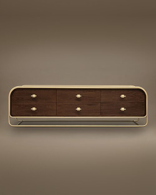 Columbia Sideboard by Porus Studio. This mid-century modern inspired piece features six dark wood drawers with horizontal grain patterns and elegant gold handles, encased in a continuous, curved metallic gold frame.