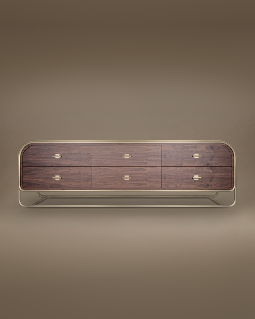 A front-facing lifestyle rendering of the Columbia Sideboard in dark walnut wood and a soft gold frame. The piece is set against a matching monochrome brownish-tan studio backdrop, highlighting its symmetrical six-drawer layout.