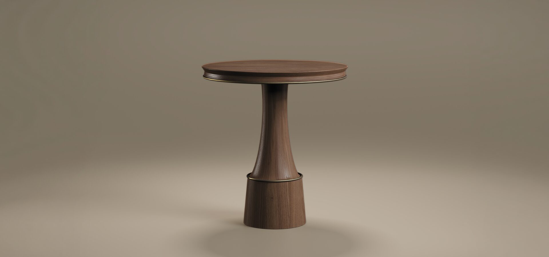 The Buck II Dining Table by Porus Studio, showcasing a compact circular walnut wood surface and a slender, elegant pedestal base with aged brushed brass trim.
