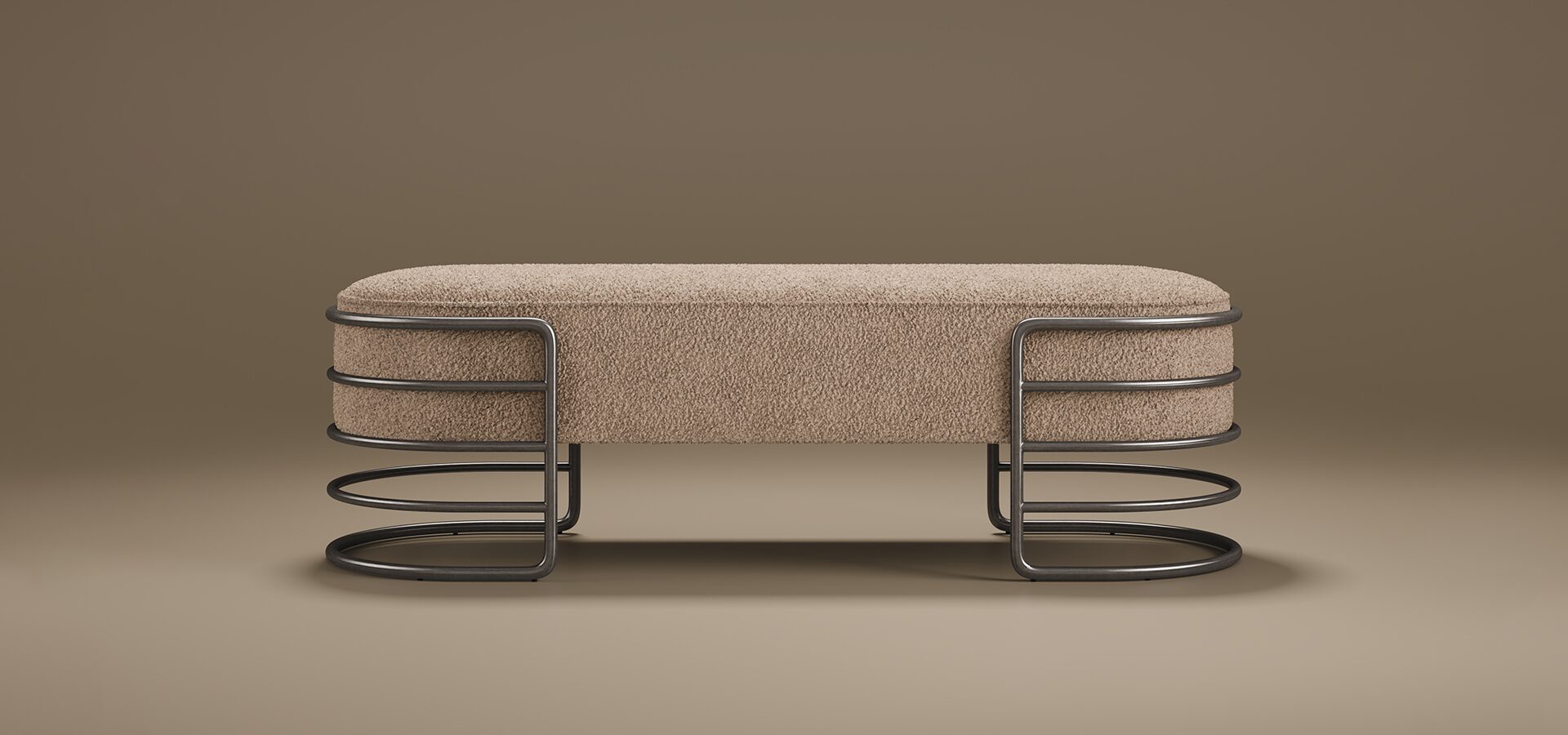 Eero Bench Front view of the Eero Bench by Porus Studio, featuring a long oval seat upholstered in beige bouclé fabric supported by a sculptural dark metal base with concentric tiered rings.