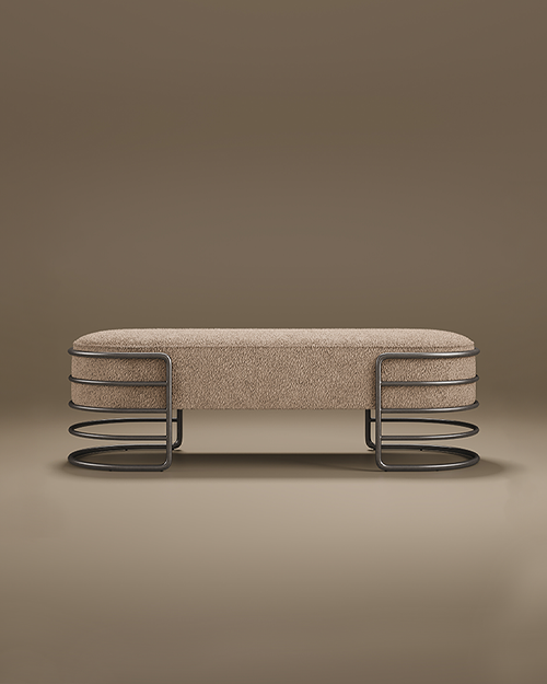 Front view of the Eero Bench by Porus Studio, featuring a long oval seat upholstered in beige bouclé fabric supported by a sculptural dark metal base with concentric tiered rings.