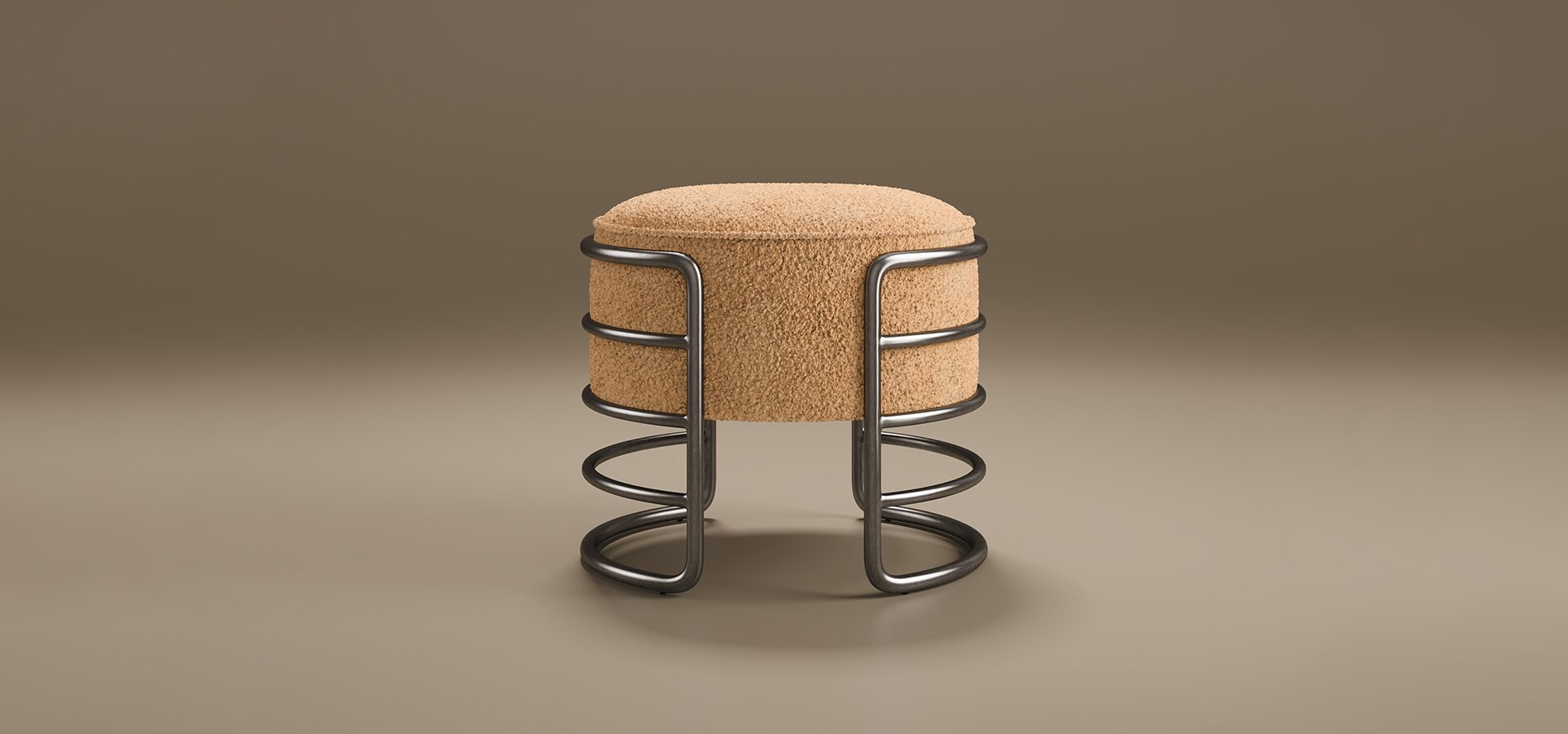Contemporary Eero Stool with a thick, cylindrical seat upholstered in a textured camel-colored bouclé fabric. The seat is cradled by a minimalist gunmetal-finished frame consisting of horizontal curved bars that form a cage-like structure and transition into a circular base.