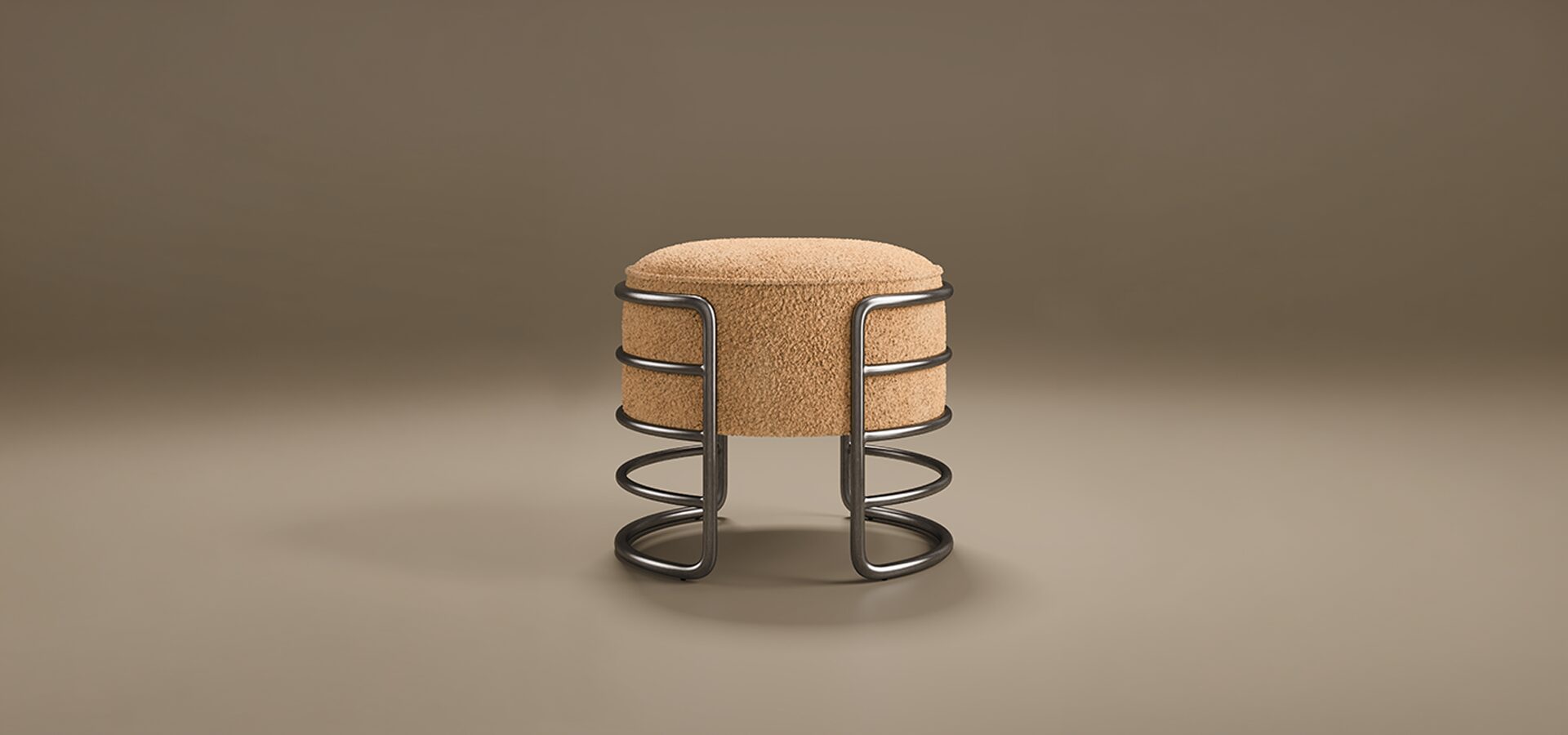 Contemporary Eero Stool with a thick, cylindrical seat upholstered in a textured camel-colored bouclé fabric. The seat is cradled by a minimalist gunmetal-finished frame consisting of horizontal curved bars that form a cage-like structure and transition into a circular base.
