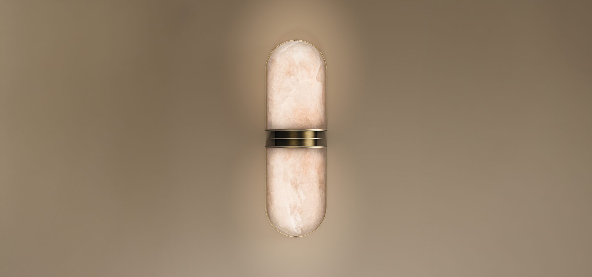 Russell II Wall Lamp by Porus Studio A luxury Neoclassical-inspired wall light featuring a natural alabaster stone lampshade and brass accents, shown glowing against a neutral background.