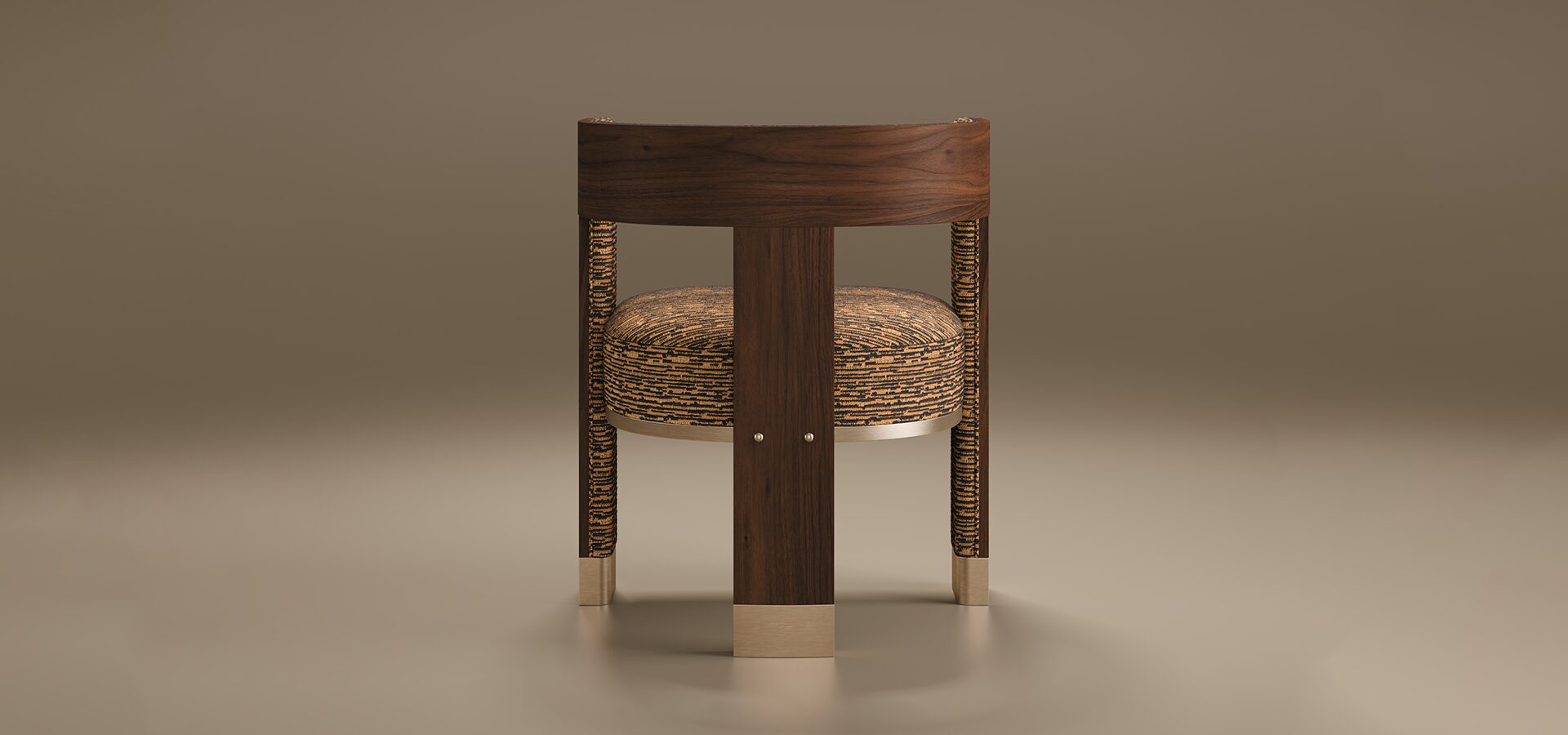 Brooklyn Dining Chair Direct rear view of the Porus Studio Brooklyn Dining Chair, demonstrating the symmetrical walnut wood structure and the elegant way it integrates with the merged weave jacquard upholstery and brushed champagne stainless steel supports. The chair sits on a warm-toned neutral floor.
