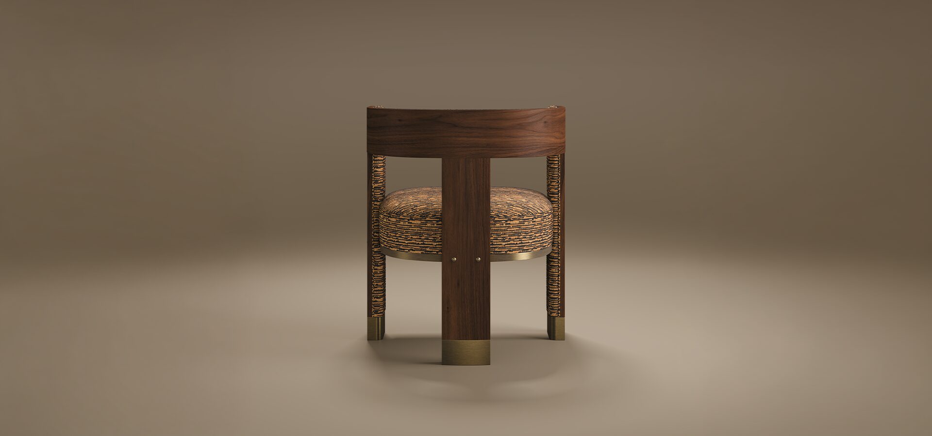 Rear view of the Brooklyn Dining Chair by Porus Studio, featuring a curved walnut wood backrest, a textured brown and black patterned seat, and cylindrical legs with wrapped detailing and brushed brass feet, against a taupe studio background.
