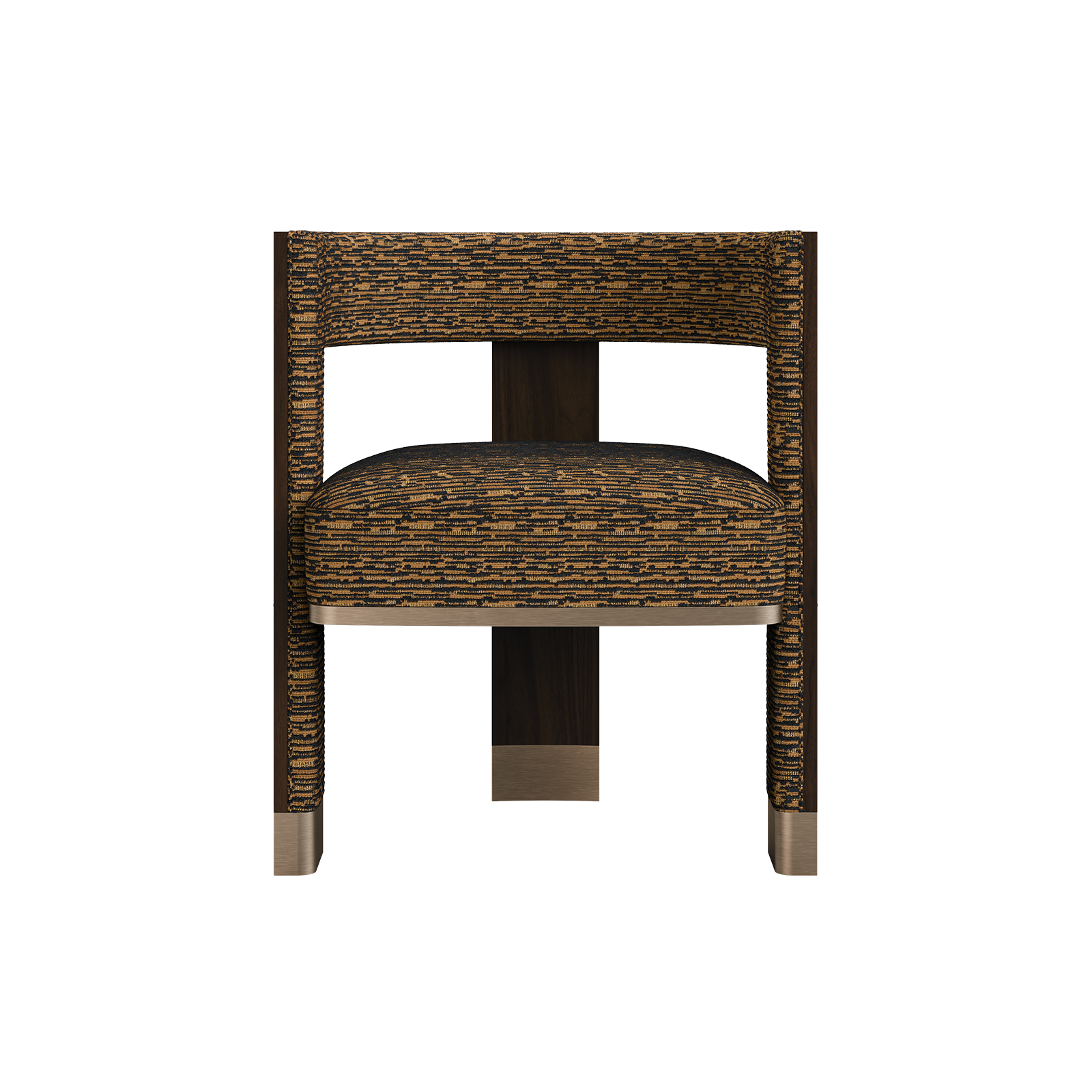 Brooklyn Dining Chair Front-on view of the Porus Studio Brooklyn Dining Chair, showcasing the bold geometric form and the luxurious mix of materials: dark walnut wood legs and backrest, and rich textured merged weave jacquard fabric on the seat and front panels. Brushed champagne stainless steel accents trim the base.