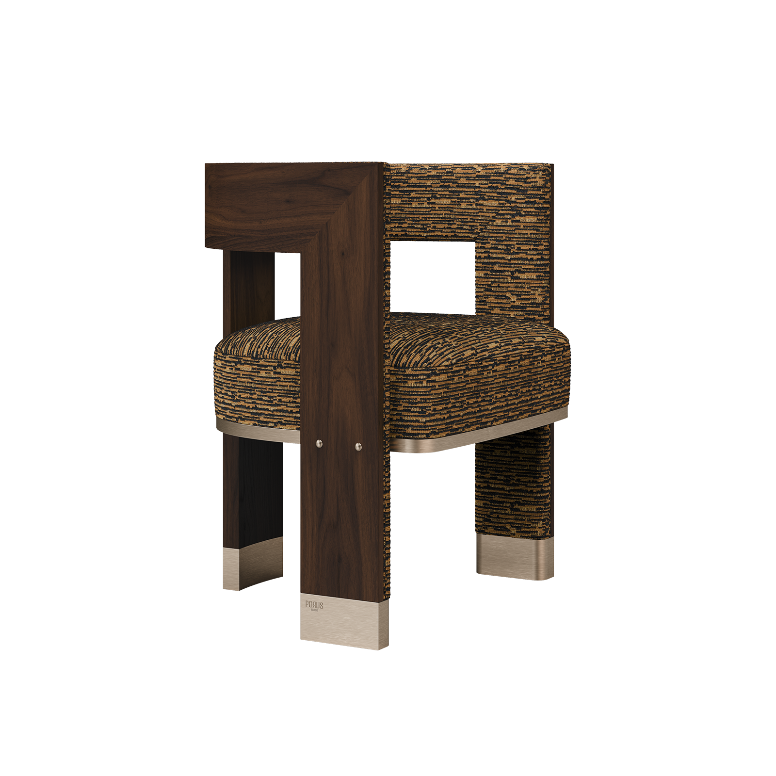 Brooklyn Dining Chair Three-quarter front view of the Porus Studio Brooklyn Dining Chair, featuring rich walnut wood, a textured black and gold merged weave jacquard upholstery, and brushed champagne stainless steel accents on the base.