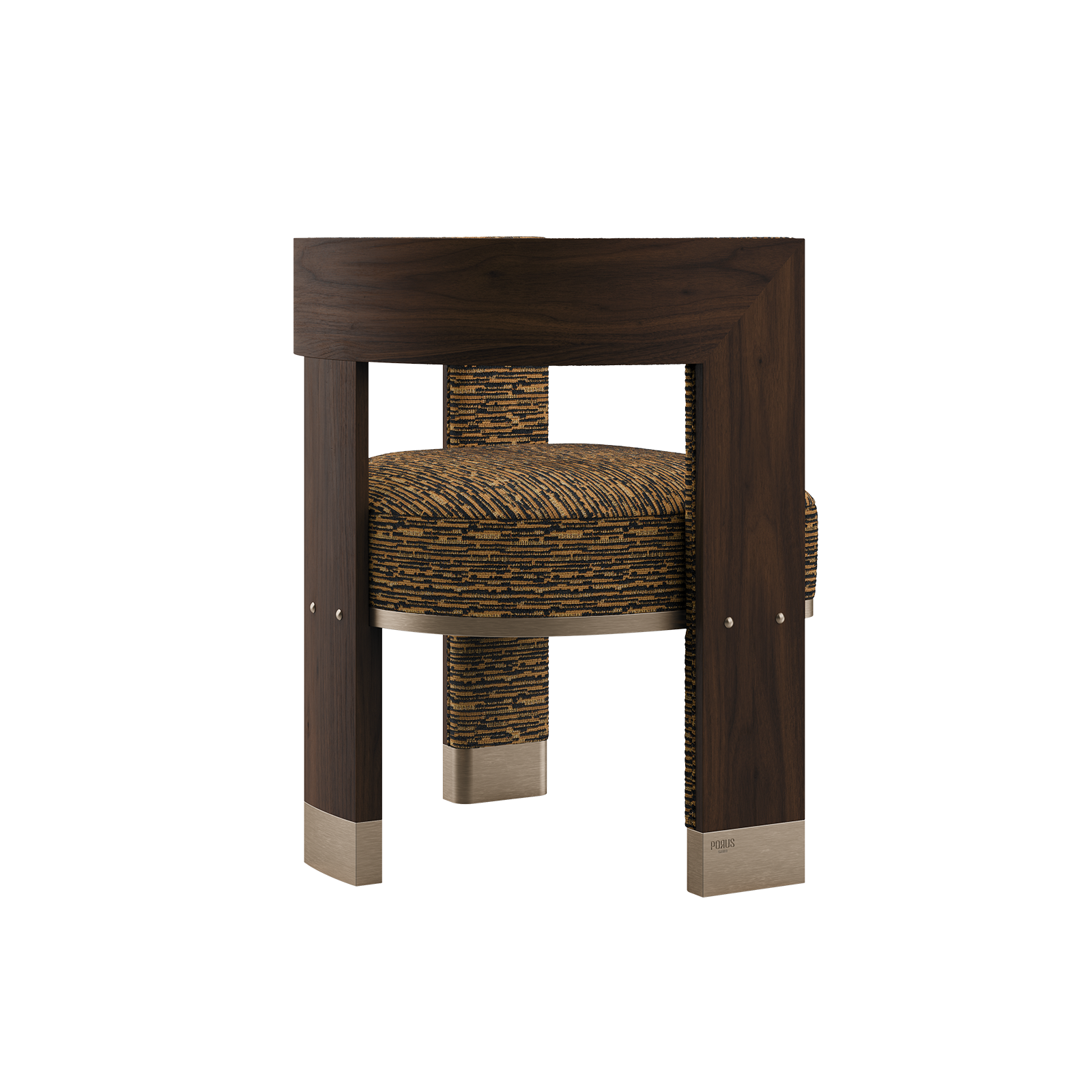 Brooklyn Dining Chair Angled rear view of the Porus Studio Brooklyn Dining Chair, showing the distinctive walnut wood frame construction and the contrast with the merged weave jacquard textile back and seat. Brushed champagne stainless steel is visible on the base.