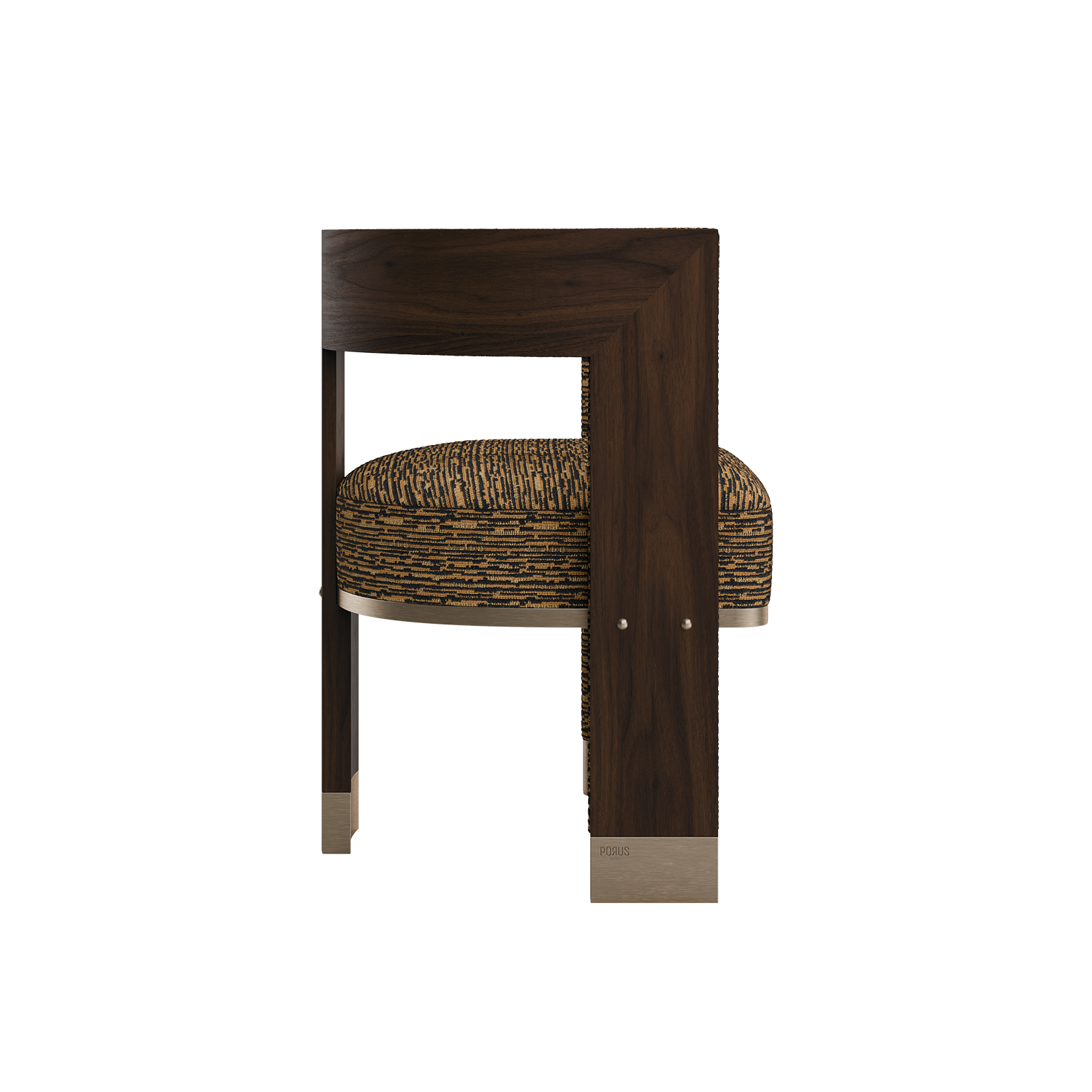 Brooklyn Dining Chair Side profile view of the Porus Studio Brooklyn Dining Chair, emphasizing the ergonomic curve of the walnut wood frame and the clean lines of the design. The textured merged weave jacquard seat and back are clearly defined, with the brushed champagne stainless steel base adding sophistication.