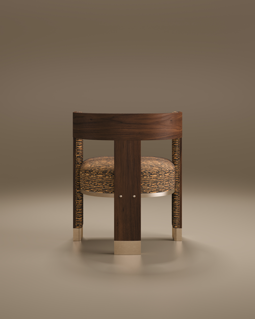 Direct rear view of the Porus Studio Brooklyn Dining Chair, demonstrating the symmetrical walnut wood structure and the elegant way it integrates with the merged weave jacquard upholstery and brushed champagne stainless steel supports. The chair sits on a warm-toned neutral floor.