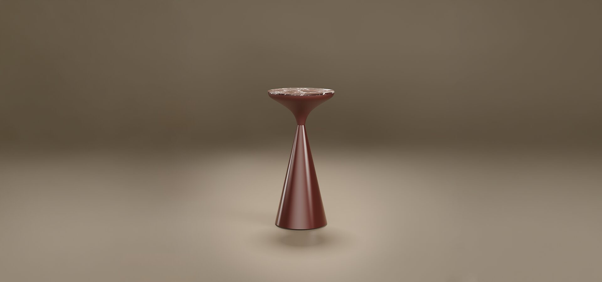 A luxury Lignum Side Table by Porus Studio featuring a slender, hourglass silhouette. The circular top is made of Rosso Levanto marble with rich red and white veining, supported by a double-conical pedestal base finished in burgundy matte lacquer. The minimalist, sculptural design is presented in a studio setting against a neutral, warm-toned background.
