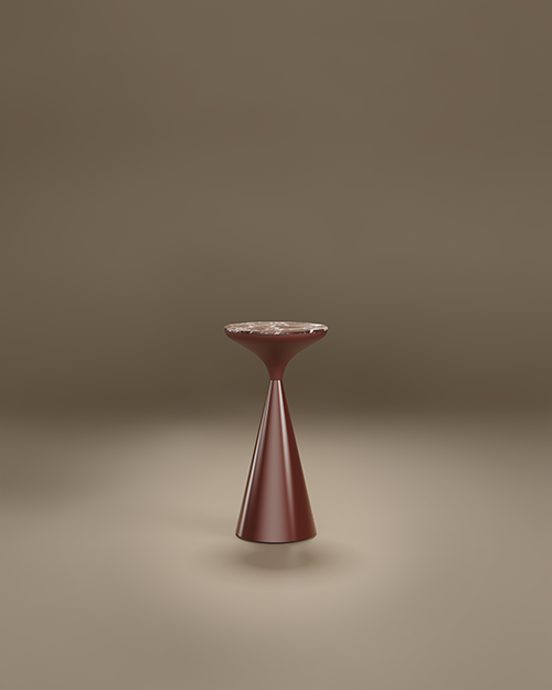 A luxury Lignum Side Table by Porus Studio featuring a slender, hourglass silhouette. The circular top is made of Rosso Levanto marble with rich red and white veining, supported by a double-conical pedestal base finished in burgundy matte lacquer. The minimalist, sculptural design is presented in a studio setting against a neutral, warm-toned background.