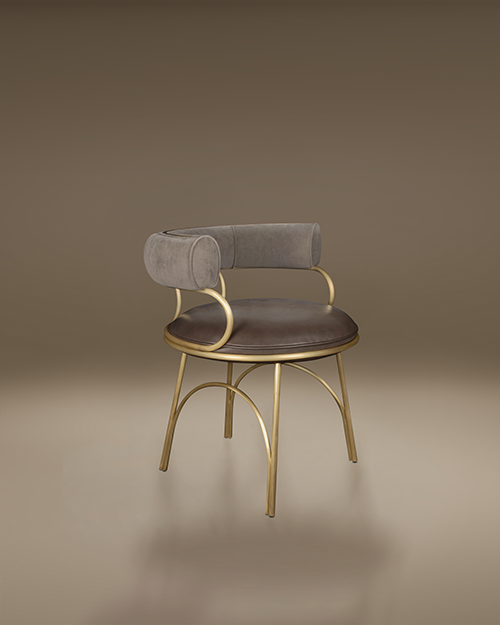 Austin Dining Chair featuring a round brown leather seat, a curved grey velvet backrest, and a gold-finished steel frame with arched legs.
