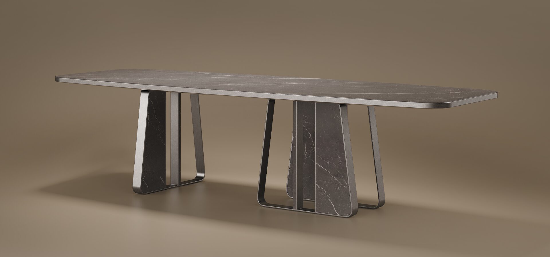 Modern Kenai Dining Table by Porus Studio featuring a rectangular Grey Kendzo marble top and asymmetric gunmetal stainless steel legs against a neutral studio background.