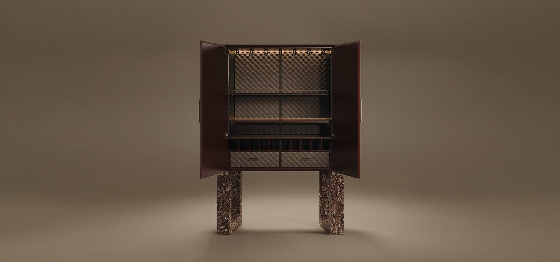 Lincoln Drink Cabinet by Porus Studio Luxury burgundy lacquered wood bar cabinet with marble legs and brass details.