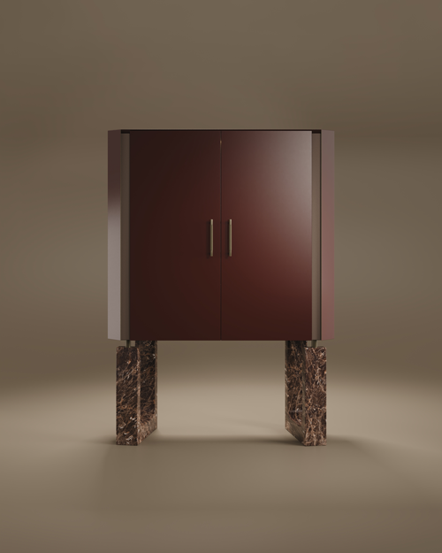 Lincoln Drink Cabinet by Porus Studio Luxury burgundy lacquered wood bar cabinet with marble legs and brass details.
