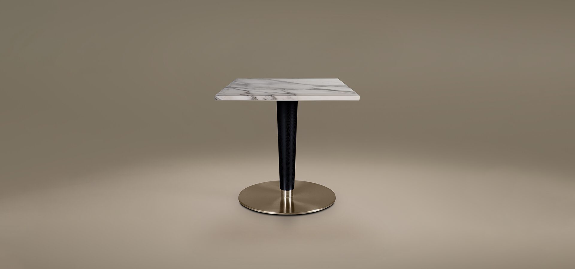 Modern Atlanta Dining Table by Porus Studio featuring a square white and grey marble top, a black stained ashwood pedestal, and a brushed silver steel circular base.