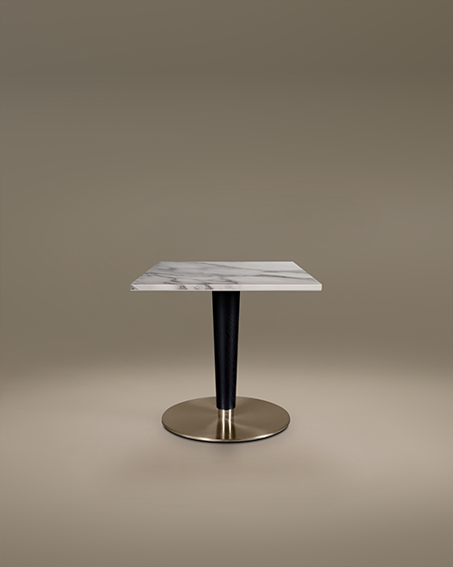 Modern Atlanta Dining Table by Porus Studio featuring a square white and grey marble top, a black stained ashwood pedestal, and a brushed silver steel circular base.