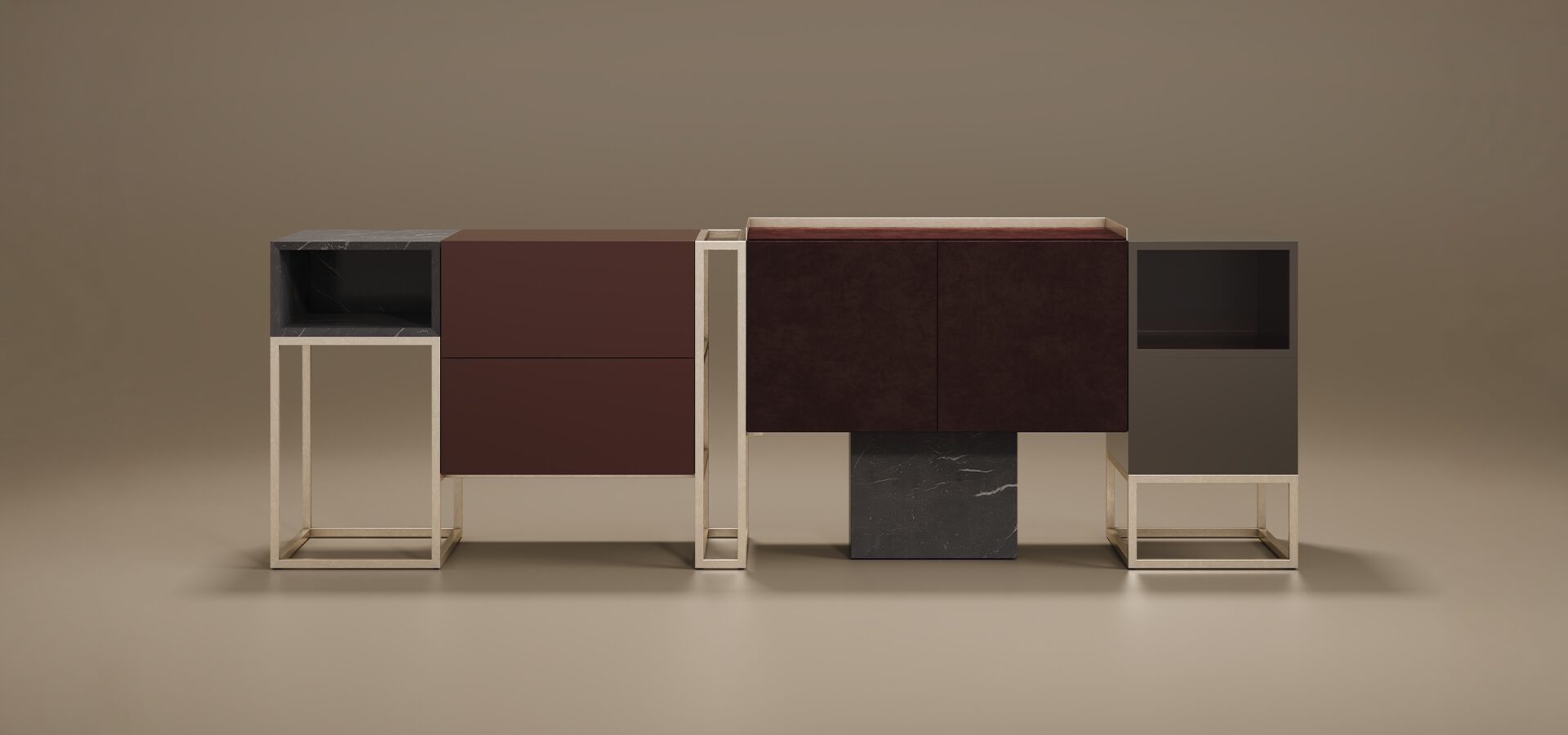 The Detroit Sideboard by Porus Studio, featuring a deconstructed modular design with mixed materials including dark marble, burgundy lacquer, and gold metal frames.