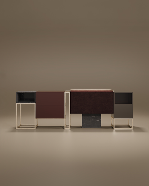 The Detroit Sideboard by Porus Studio, featuring a deconstructed modular design with mixed materials including dark marble, burgundy lacquer, and gold metal frames.