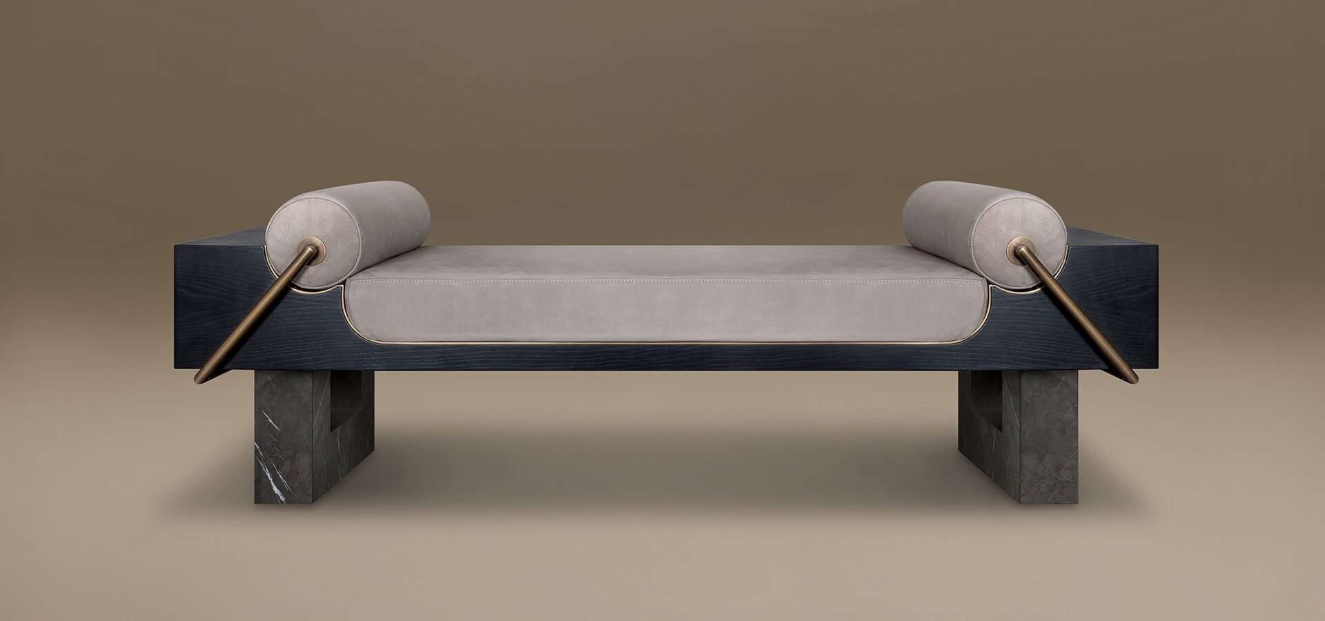 Kansas Bench by Porus Studio, featuring a dark wood structure, grey leather upholstery, and marble base with brass accents.