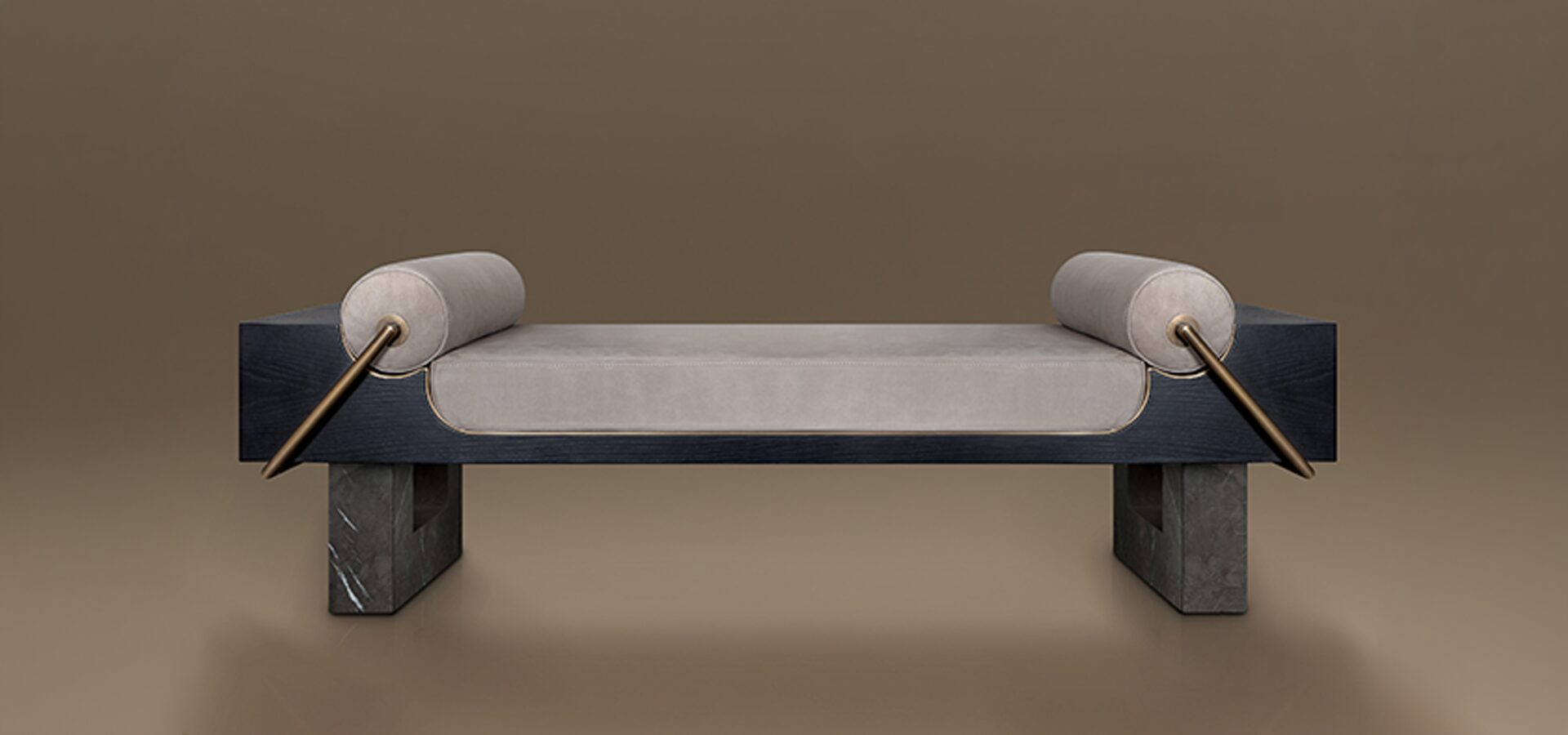 Kansas Bench by Porus Studio, featuring a dark wood structure, grey leather upholstery, and marble base with brass accents.